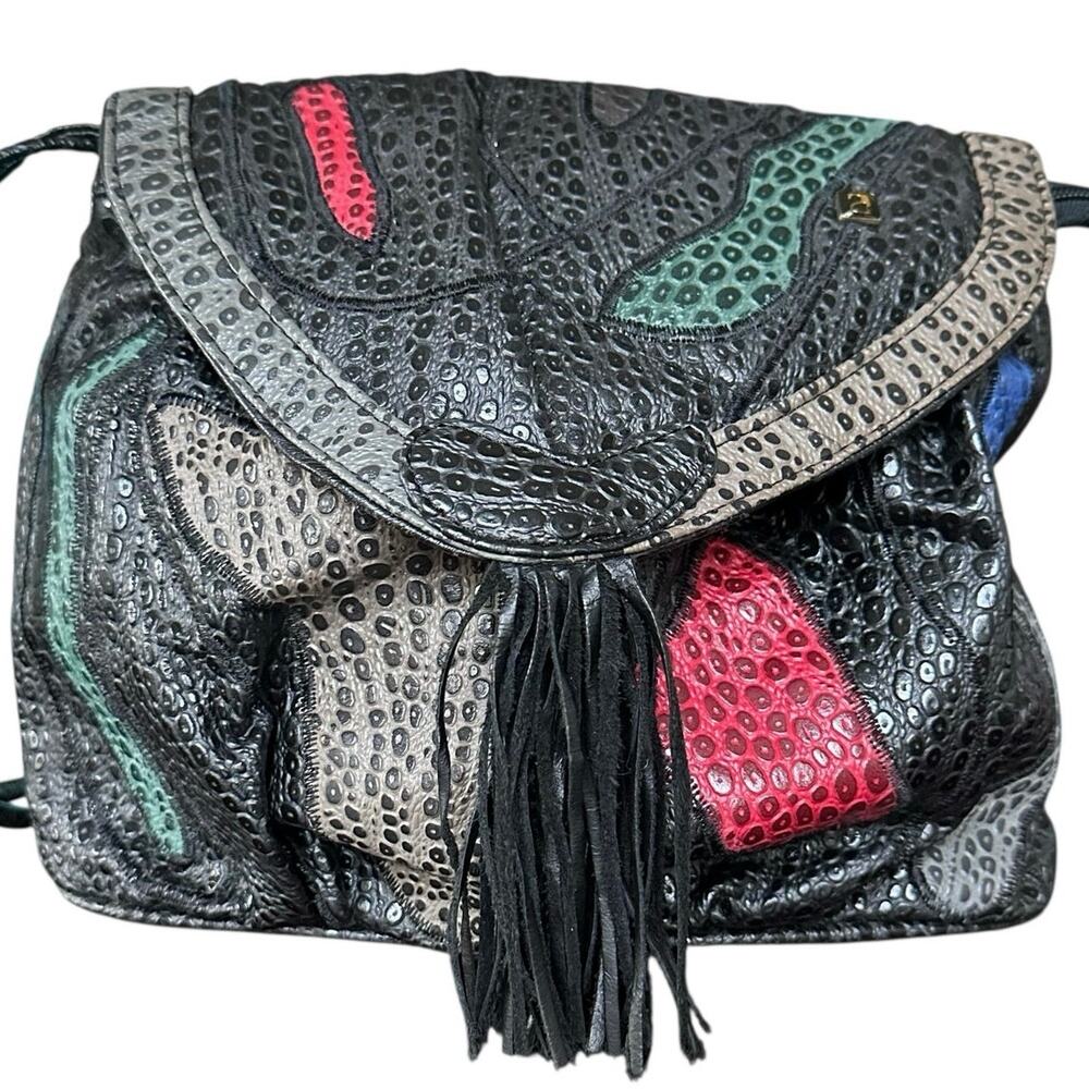 Vintage 80s Alentino NAS Leather Patchwork Crossbody Purse Tassel Made in Korea